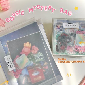 May include: Two clear plastic bags filled with different items. The larger bag contains a large print, and the smaller bag contains stickers and charms. The bags are labeled "Oopsie Mystery Bag" and have a star design.