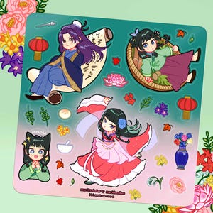 May include: A sticker sheet featuring four anime-style characters in traditional Asian clothing. The characters are surrounded by decorative elements like flowers, lanterns, and scrolls. The sheet has the text "marikrelster maridoodles illustration".