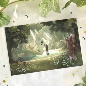 May include: A fantasy art print depicting a serene forest scene with a person, a horse, and a floating creature. The artwork features a river, trees, and sunlight streaming through the canopy. The color palette includes greens, browns, and blues.
