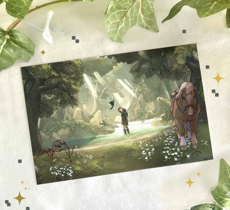 May include: A fantasy art print depicting a serene forest scene with a person, a horse, and a floating creature. The artwork features a river, trees, and sunlight streaming through the canopy. The color palette includes greens, browns, and blues.