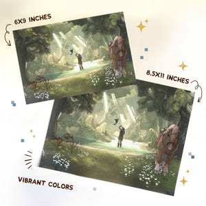 May include: Two art prints, one 6x9 inches and the other 8.5x11 inches, featuring a fantasy landscape with a person, a horse, and a creature. The prints have vibrant colors and are set in a forest with a river.