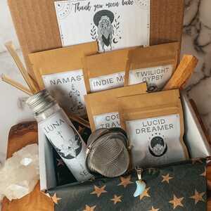 Organic herbal Tea Sample Box Loose Leaf Tea Sample Box Moon Goddess Gift Box Metaphysical Gift Tea & Book Lover Gift  Tea Infuser