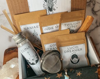 Organic herbal Tea Sample Box Loose Leaf Tea Sample Box Moon Goddess Gift Box Metaphysical Gift Tea & Book Lover Gift  Tea Infuser