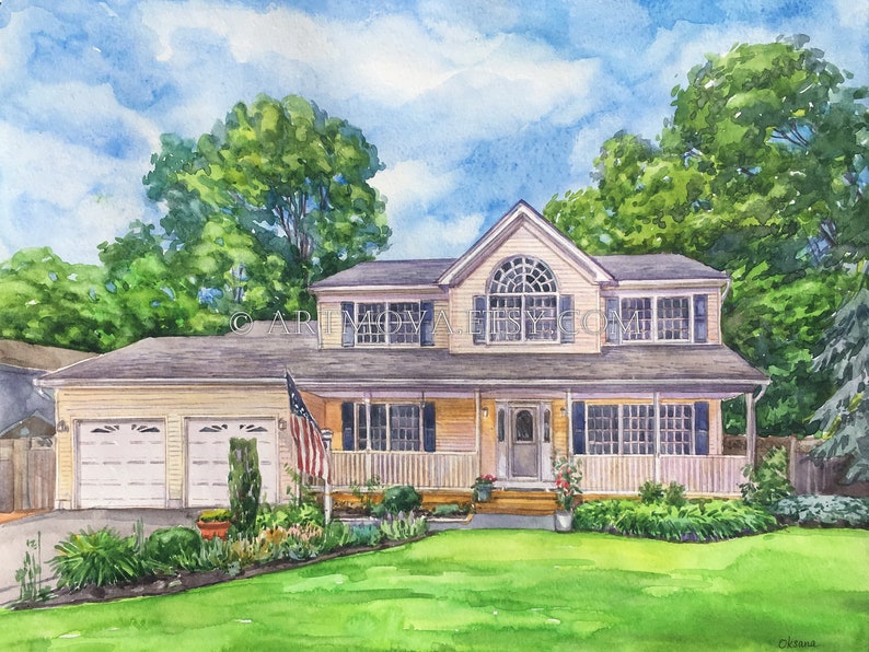 May include: A watercolor painting of a two-story house with a porch, a garage, and a green lawn. The house is painted yellow with white trim and has a red, white, and blue American flag hanging from the porch.