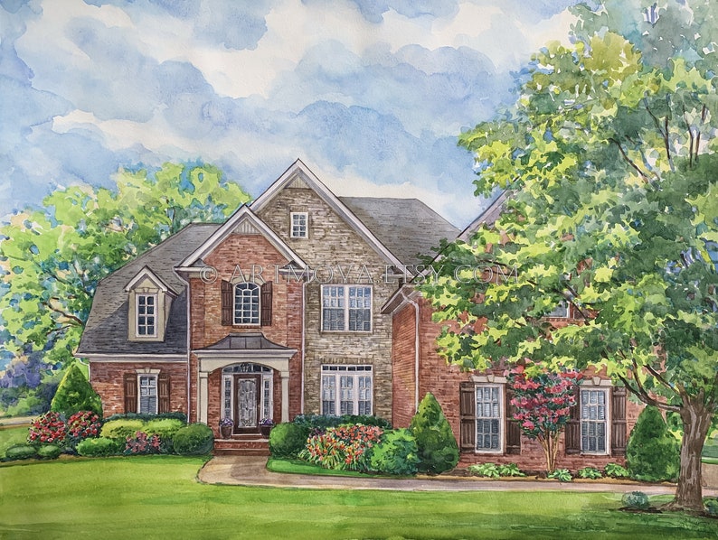 May include: Watercolor painting of a two-story brick house with a stone facade. The house has a large front porch with a double door entrance. There are trees and bushes in the front yard.