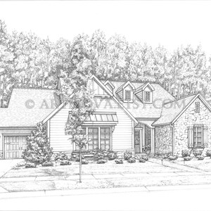 May include: Black and white line drawing of a suburban house with a stone and wood exterior. The house has a garage, a front porch, and a large yard with trees in the background.