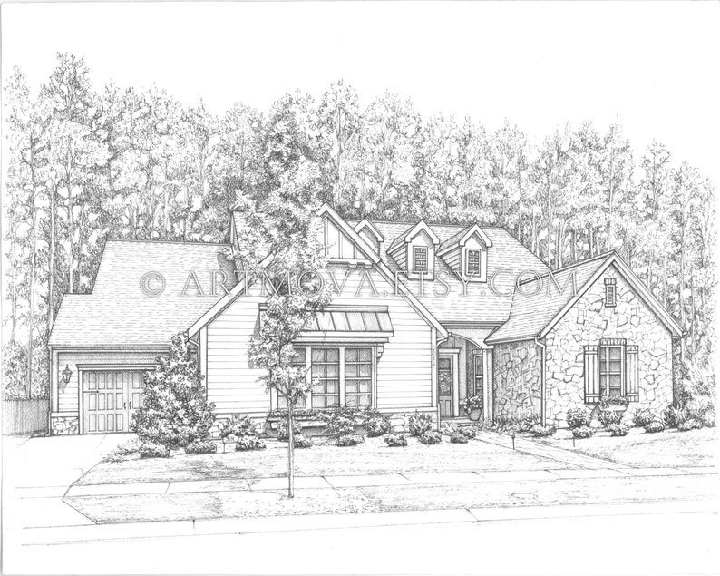 May include: Black and white line drawing of a suburban house with a stone and wood exterior. The house has a garage, a front porch, and a large yard with trees in the background.