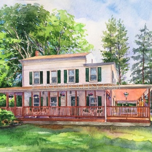 May include: A watercolor painting of a white house with a large porch and green shutters. The house is surrounded by trees and a green lawn.
