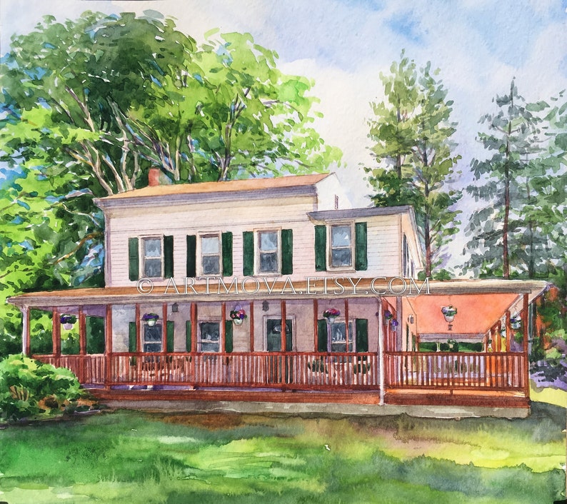 May include: A watercolor painting of a white house with a large porch and green shutters. The house is surrounded by trees and a green lawn.