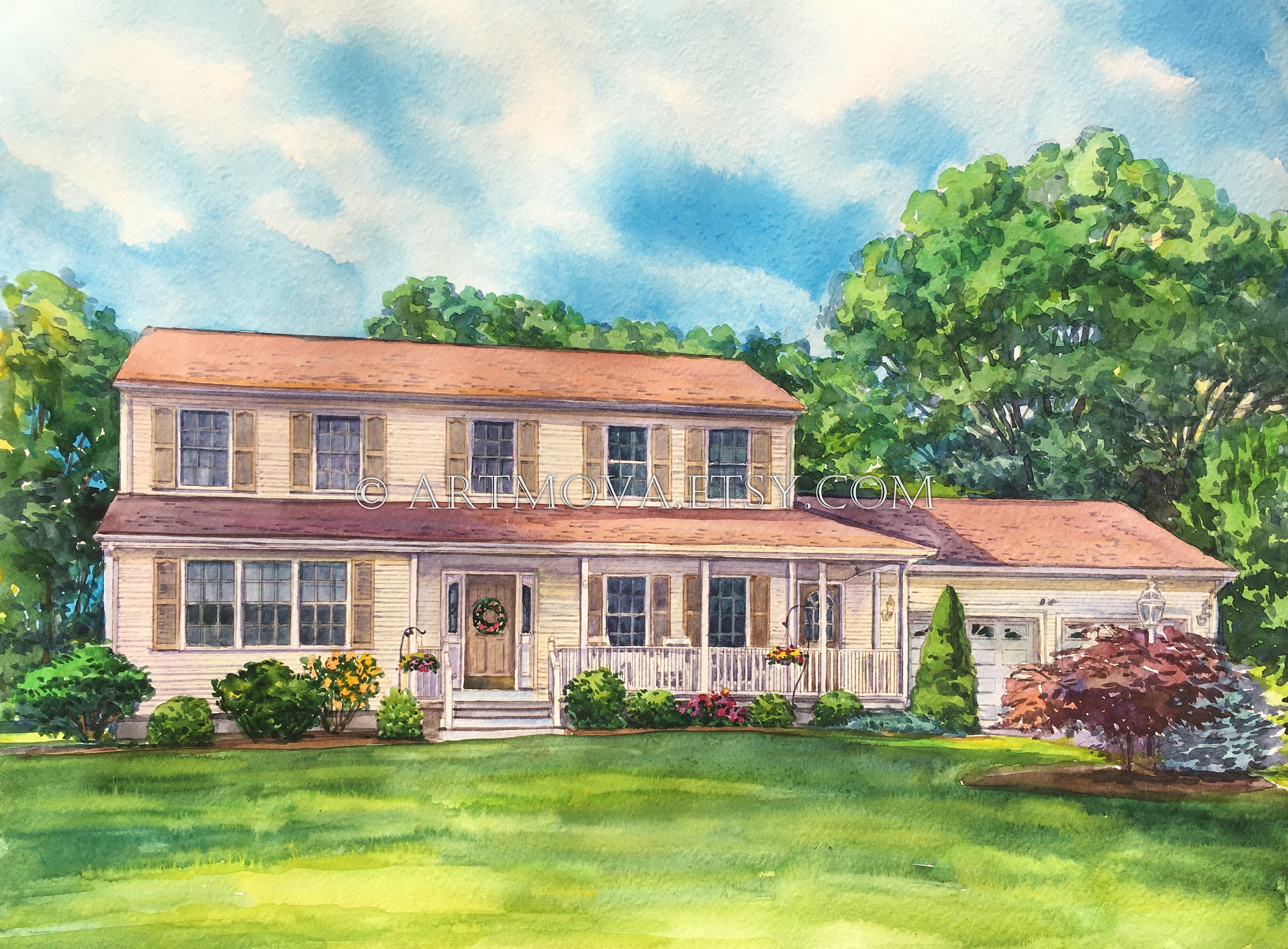 Custom House Portrait Watercolor Painting House Warming Gift Family ...