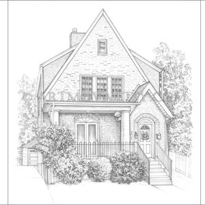May include: A black and white line drawing of a brick house with a porch, a front door, and a small yard with bushes. The house has a gabled roof and a chimney. The front door has a wreath on it.
