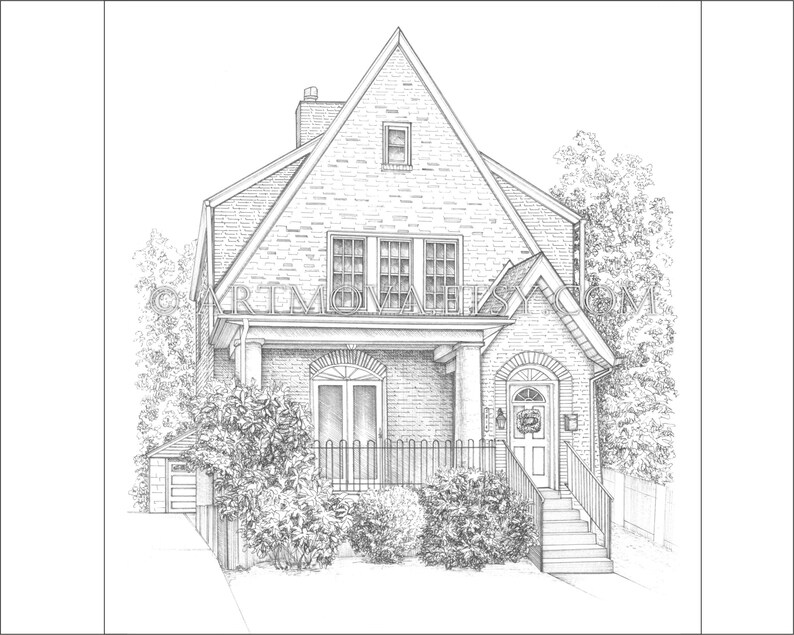 May include: A black and white line drawing of a brick house with a porch, a front door, and a small yard with bushes. The house has a gabled roof and a chimney. The front door has a wreath on it.