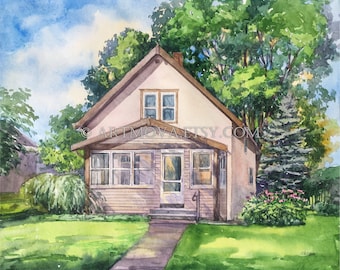 May include: A watercolour painting of a pale pink house with a green lawn and trees. The house has a porch with windows and a white door. The painting is signed "Oksana" in the bottom right corner.