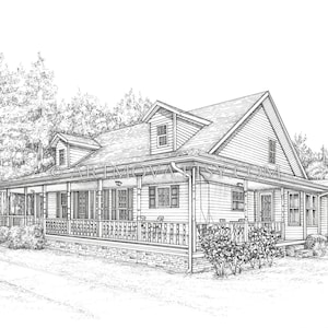 May include: A black and white line drawing of a single-story house with a large front porch and a wraparound porch. The house has a gabled roof and a dormer window. The house is surrounded by trees.