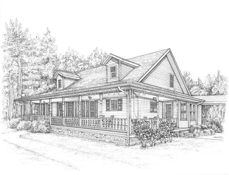 May include: A black and white line drawing of a single-story house with a large front porch and a wraparound porch. The house has a gabled roof and a dormer window. The house is surrounded by trees.