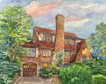 May include: A watercolor painting of a brick house with a red roof and a large tree in the front yard. The house has a garage door and a front door with a light on. The sky is a light blue with pink clouds.