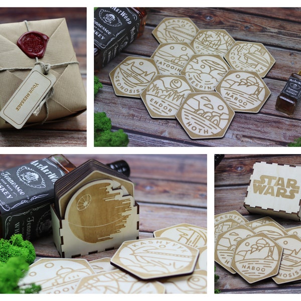 Star Wars Planet Coaster Hexagonal Set, Wooden Coaster Gift Set, Gift Fathers Day gift ideas, Engraved, Drink Coasters, Housewarming
