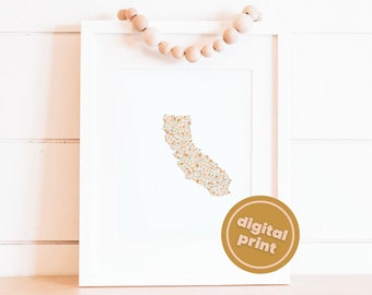 Digital Download- California Floral State Art Print, Cute Print, Minimalist Wall Decor,, California Home Decor, Gallery Wall, Wall Hanging