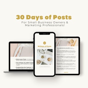 May include: A digital marketing guide for small business owners and marketing professionals. The guide is titled "30 Days of Posts" and includes a list of daily social media post ideas. The guide is displayed on a smartphone, laptop, and tablet.