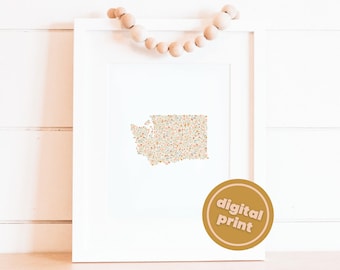 Digital Download- Washington Floral Art Print, Cute State Print, Boho Art Print, Bohemian, Minimalist Wall Decor, Washington Home Decor