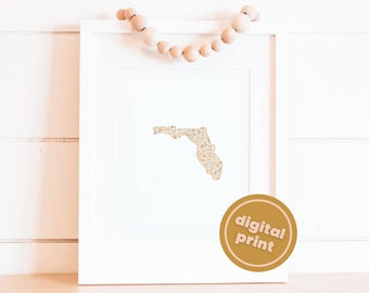 Digitaler Download - Florida Floral State Art Print, niedlicher State Print, minimalistische Wanddekoration, Florida Home Decor, Gallery Wall, Wandbehang