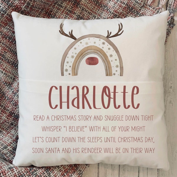 Personalised Christmas Book Advent Calendar Cushion, Reindeer Rainbow Pillow, Children's Book Cushion, Magical Christmas Tradition,