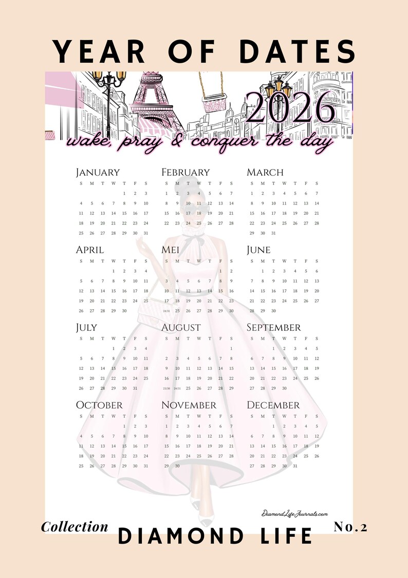 2026 Printable Calendar, Wake Pray and Conquer the Day Theme, Girl Boss ...