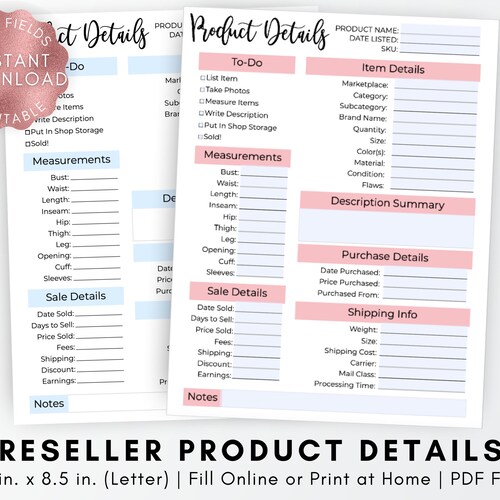 Printable Product Listing Sheet Ebay Planner Reseller - Etsy