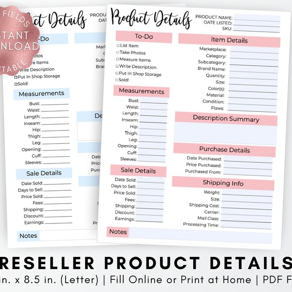 FILLABLE Online Reseller Listing Template, Online Shop Planner, Clothing Details Sheet, Item Details, Online Shop Printable Item Description