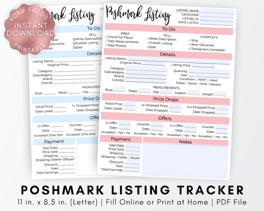 FILLABLE Poshmark Listing Tracker, Printable Online Inventory Tracker ...
