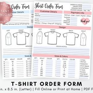 FILLABLE Custom T-Shirt Order Form, Shirt Form Template, Pastel Custom Order Form, tshirt order, Etsy Order Receipt, Modern Business Invoice