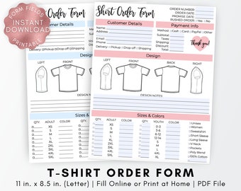 FILLABLE Custom T-Shirt Order Form, Shirt Form Template, Pastel Custom Order Form, tshirt order, Etsy Order Receipt, Modern Business Invoice