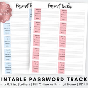 FILLABLE Password Tracker Printable, Password Tracker, Password Tracker Log, Password Organizer, Password Keeper, Login List Keeper