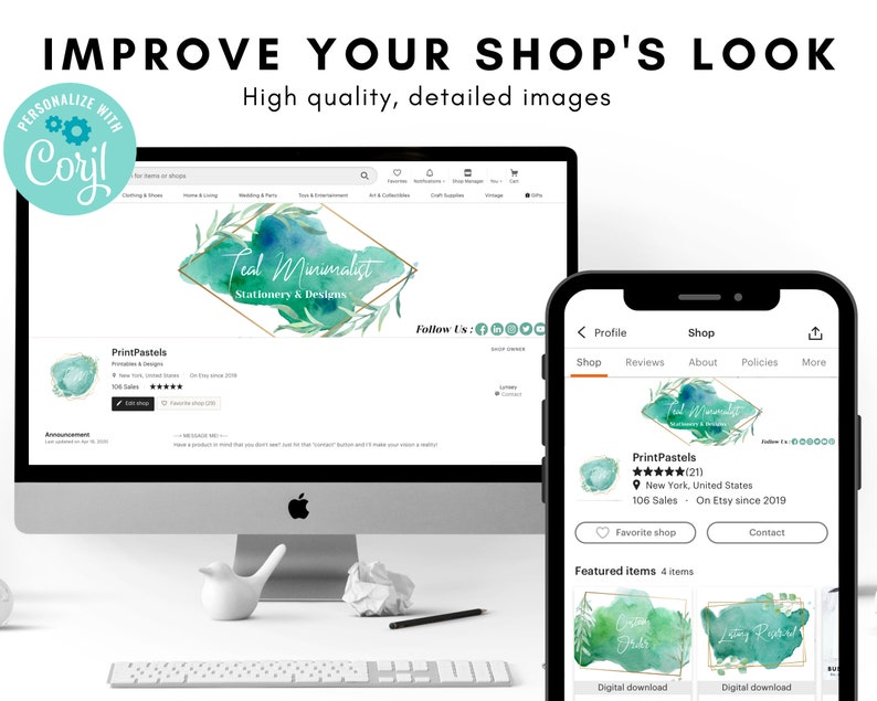 Teal Minimal Watercolor Etsy Shop Graphics Kit Etsy Banner Etsy