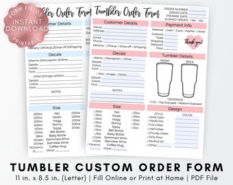 Puede incluir: Un formulario de pedido de taza personalizada imprimible con secciones para los detalles del cliente, calcomanías, tamaño, diseño y detalles de la taza. El formulario incluye opciones para diferentes tamaños, estilos y colores de tazas. El formulario también incluye una sección para notas y un mensaje de agradecimiento.