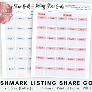 FILLABLE Poshmark Monthly Share Goal Planner Sheet, Online Shop Planner, Reseller Listing Template, Poshmark Interaction Goal, Online Shop