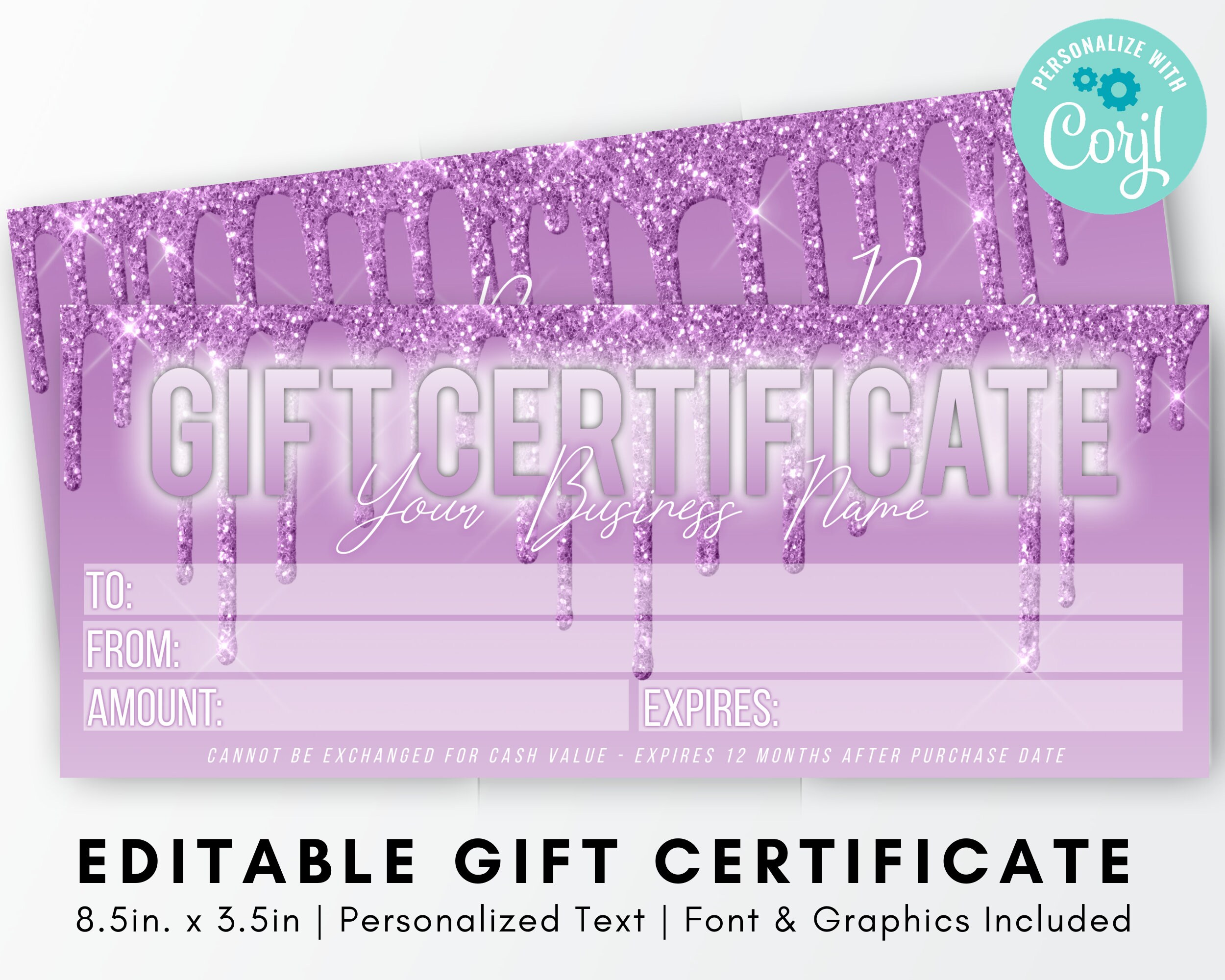 Editable Purple Glit Gift Certificate Template Gift Card Etsy