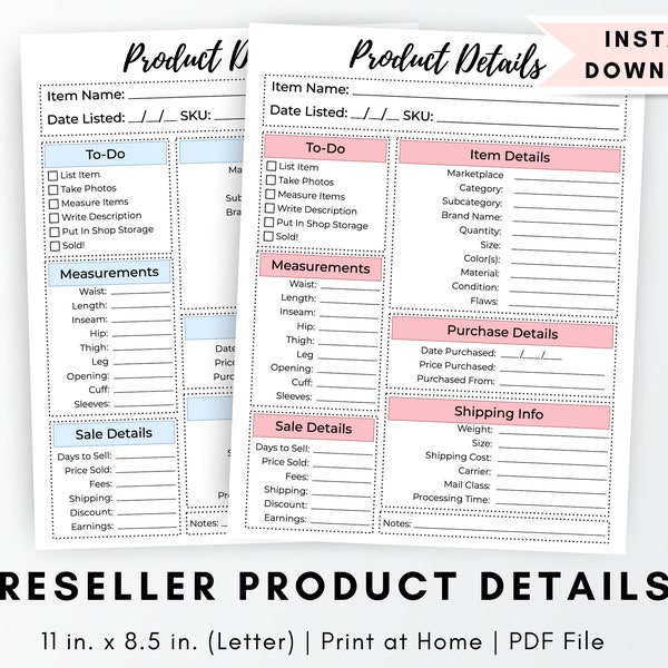 Online Reseller Listing Template, Online Shop Planner, Clothing Details Sheet, Item Details, Online Shop Printable, Item Description Draft