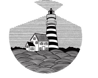 Lighthouse on Waves (B&W Line Art)