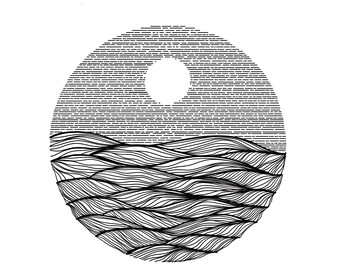 Moon, Sky, Waves (B&W Line Art)