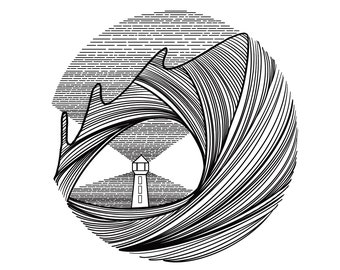 Wave Over Lighthouse (B&W Line Art)