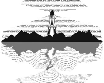 Lighthouse Reflection (B&W Line Art)