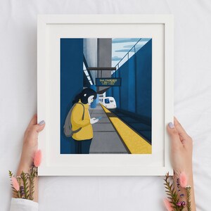 May include: A digital illustration of a person waiting at a train station platform. The person is wearing a yellow jacket and a backpack. The train station sign reads "San Francisco Airport".