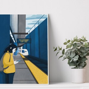 May include: A woman in a yellow jacket stands on a platform at a train station. The train station sign reads "San Francisco / Daly City". A white train is pulling into the station.