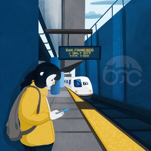 May include: A person with a backpack stands on a train platform, looking at their phone. A white train with a blue stripe and the text "Ba" is arriving at the station. The sign above the train reads "SAN FRANCISCO / DALY CITY B-CAR. 3-DOOR."