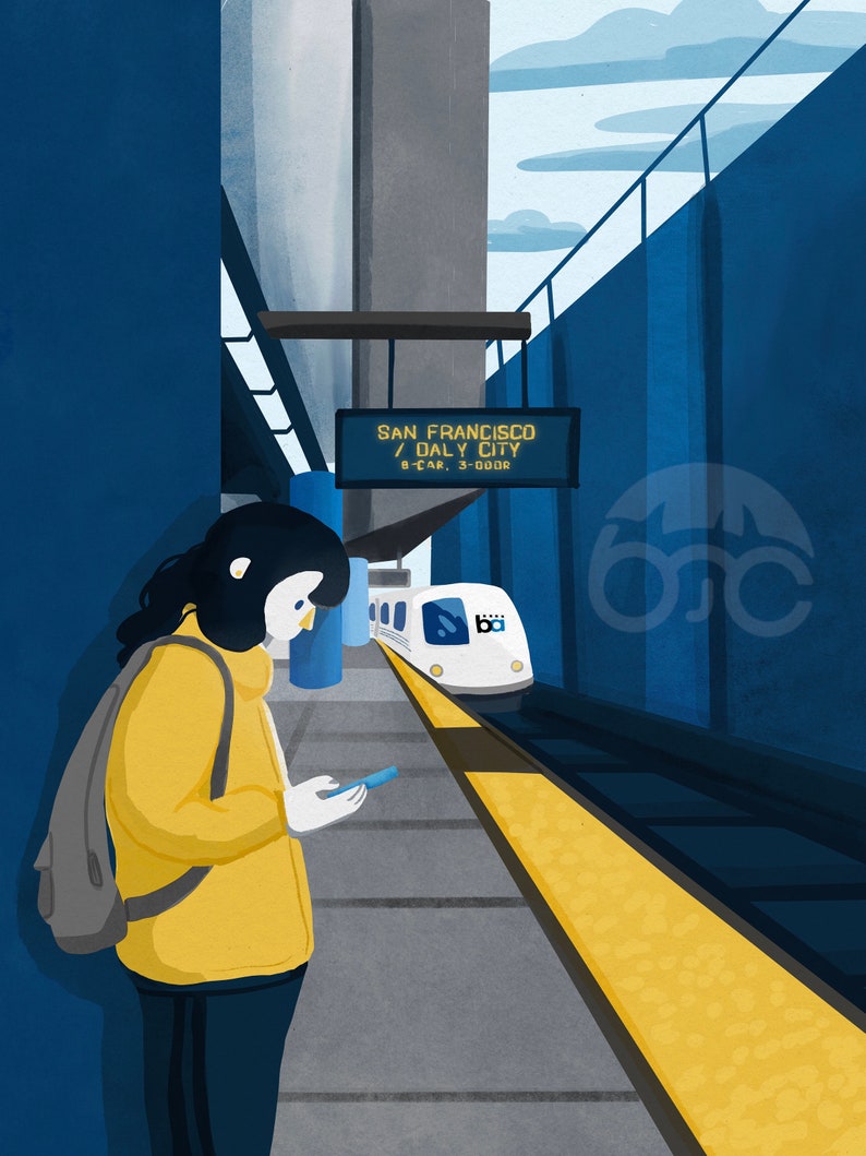 May include: A person with a backpack stands on a train platform, looking at their phone. A white train with a blue stripe and the text "Ba" is arriving at the station. The sign above the train reads "SAN FRANCISCO / DALY CITY B-CAR. 3-DOOR."