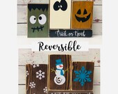 Trick or Treat Let it Snow -Reversible Custom Wood Block Set-Fall Décor-Décor-Winter Décor-Halloween Décor-Rustic Décor-Farmhouse Halloween