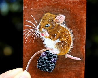 ACEO Pequeña pintura al temple original ratón de campo