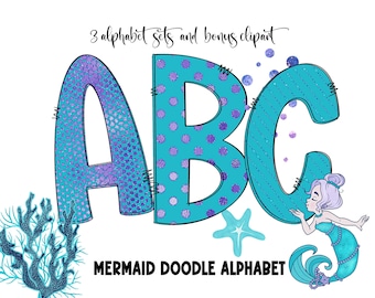 Mermaid Doodle Alphabet PNG: Teal, Violet, Glitter (Digital Download)