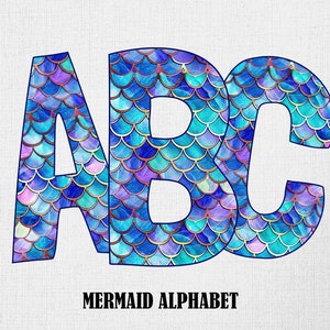 Ensemble de lettres alphabet sirène à télécharger, ensemble de lettres écailles de sirène PNG sublimation usage commercial POD sirène fête imprimable